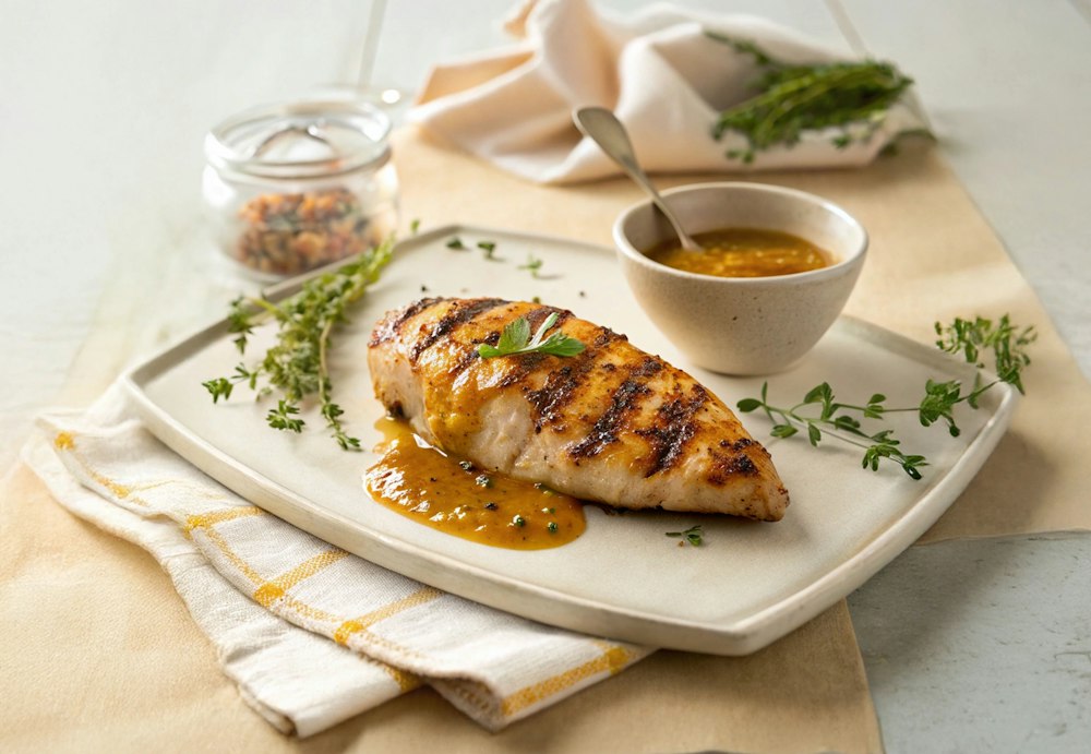 Filé de frango grelhado com molho de mostarda e mel e ervas frescas